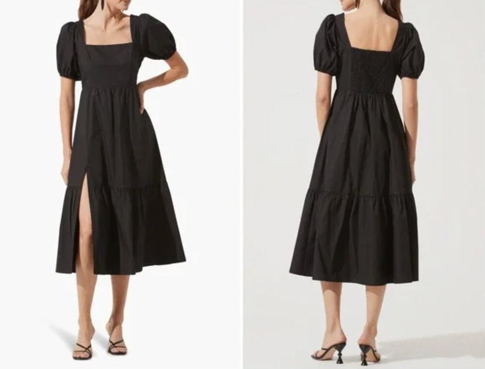 ASTR the Label Poplin Puff Sleeve Tiered Midi Dress Black sz. medium